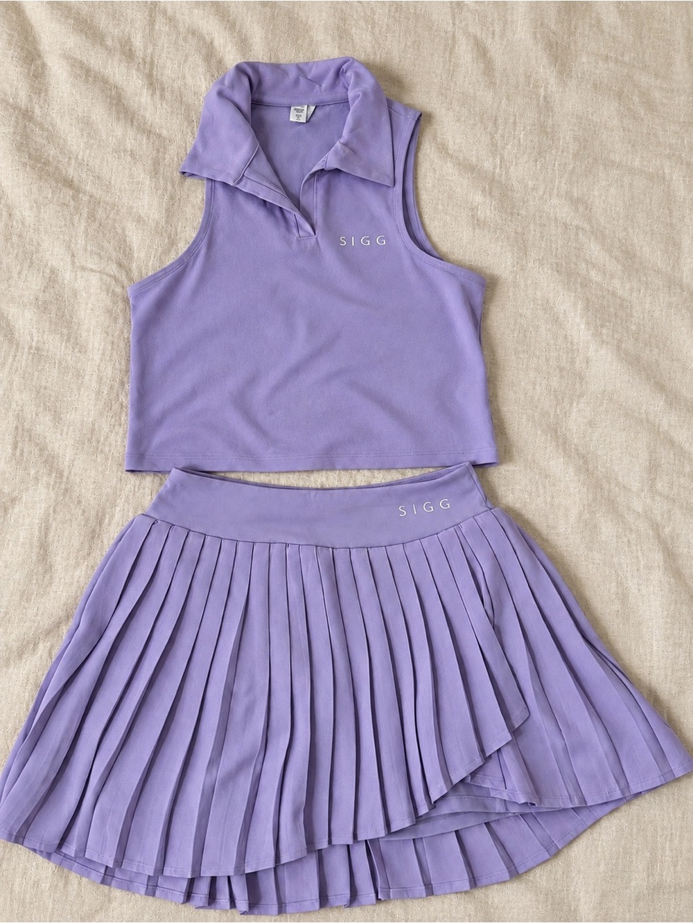 Lavender Sleeveless Polo Crop Top & Pleated Skirt Set
